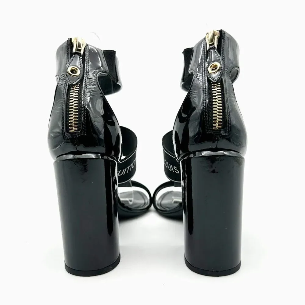 LOUIS VUITTON Trail Black Patent Leather Logo Sandal Size 37 Block Heel